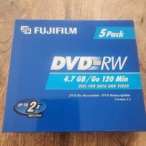 Fujifilm DVD-RW 4.7GB 120 Min 2x Rewritable Disc 5 Pack New Sealed Data